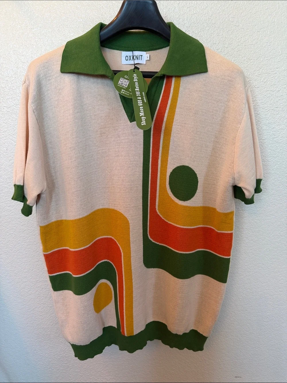 OXKNIT Retro Stripe Collared Knit Polo in Cream & Green - Picture 1 of 6